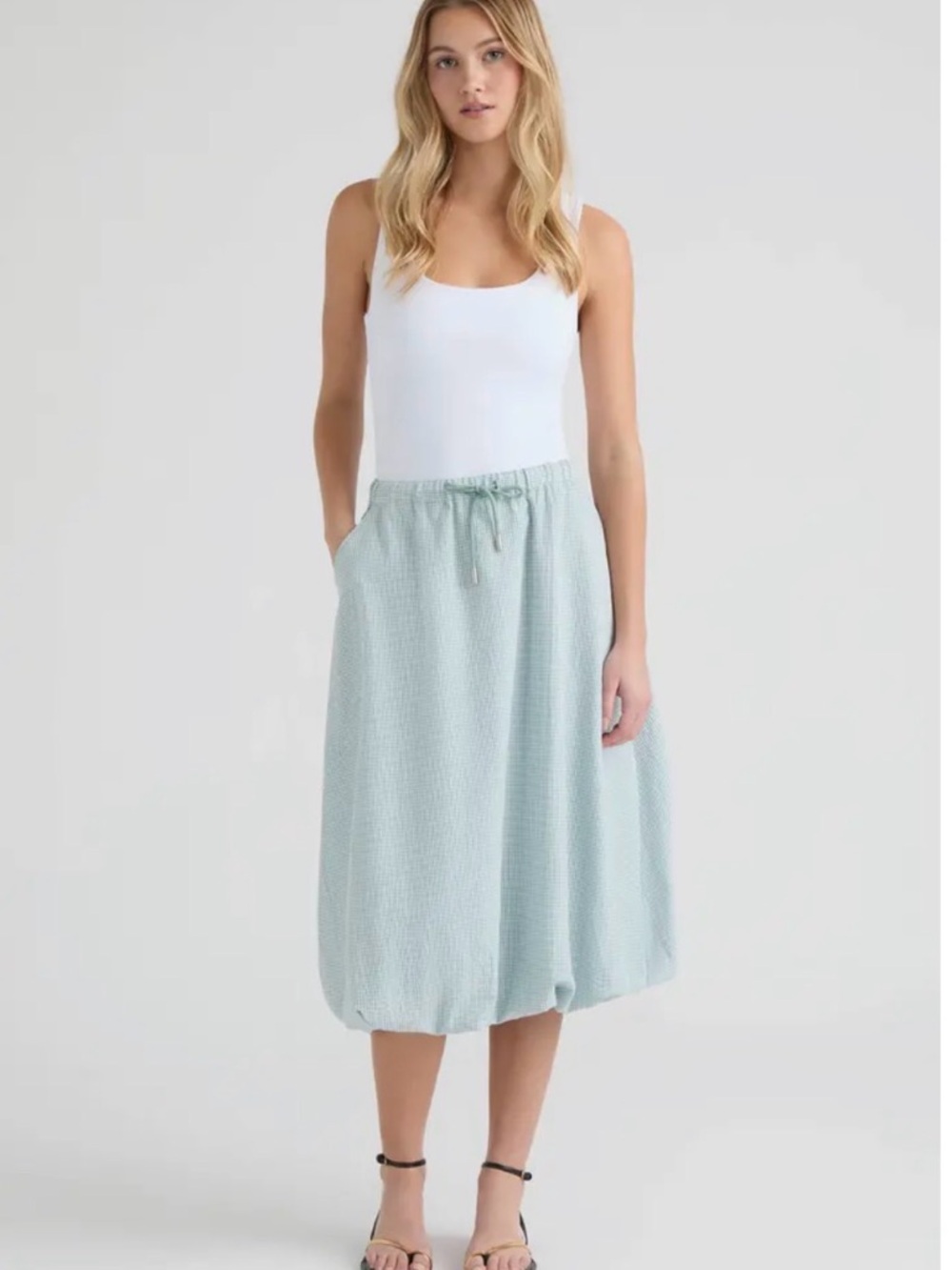 Hunter Gingham Bubble Hem Midi Skirt in Surf Spray XL NWT - Picture 2 of 10